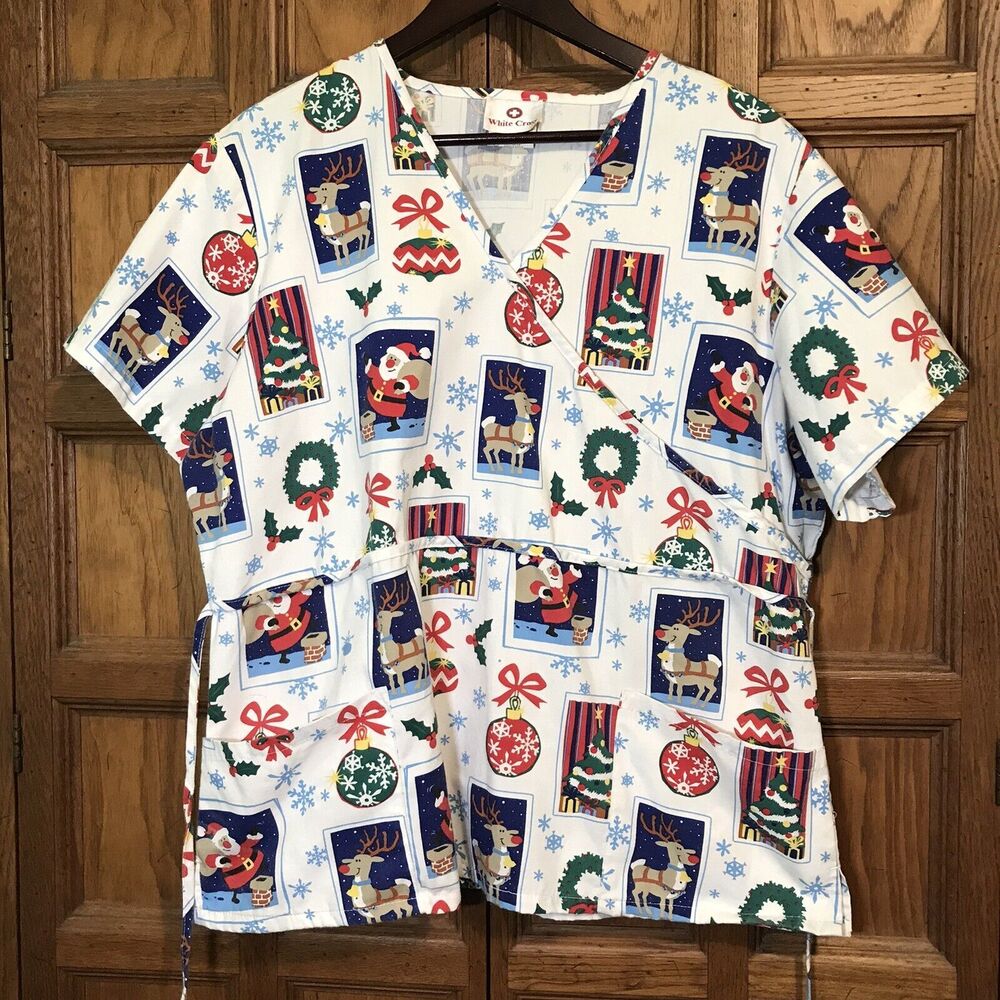 White Cross White Christmas Winter Top Women's XL Cotton Poly Scrubs Pockets